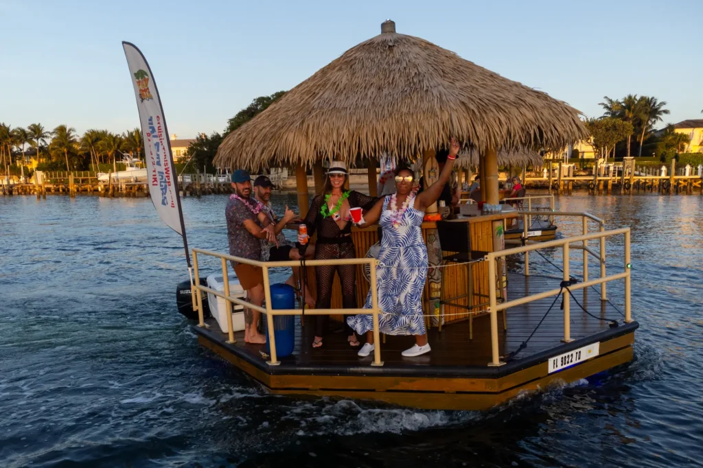 Group celebrating on a commercial tiki boat tour